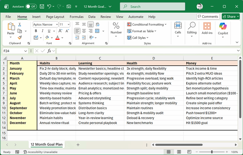 ۱۲ ماه برنامه‌ها در یک فایل Excel