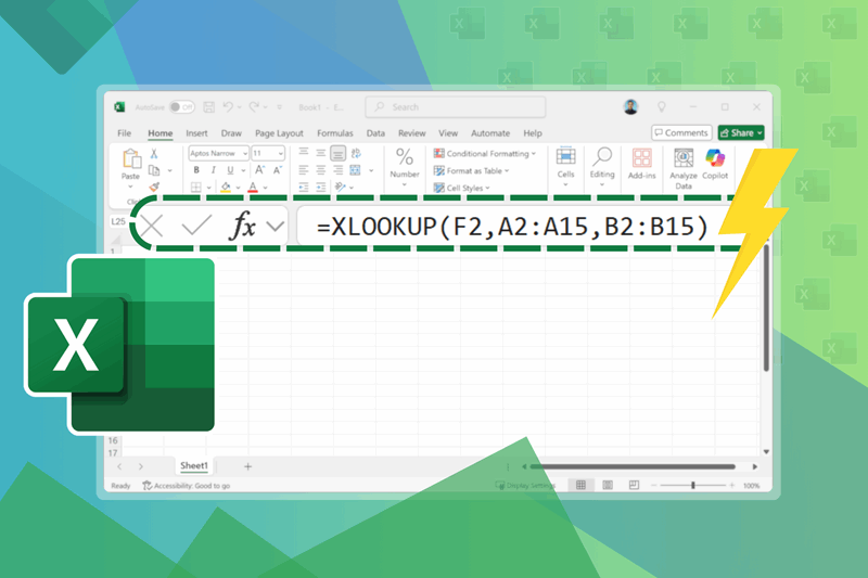 صفحه‌گسترده اکسل با نوار فرمول، علامت رعد و لوگوی اکسل در جلو