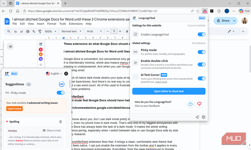 Google Docs در افزونه LanguageTool