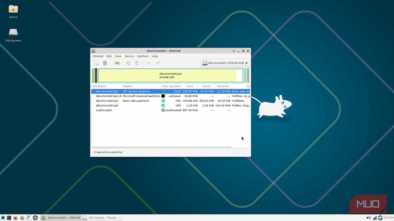GParted در SystemRescue اجرا شده روی درایو Ventoy