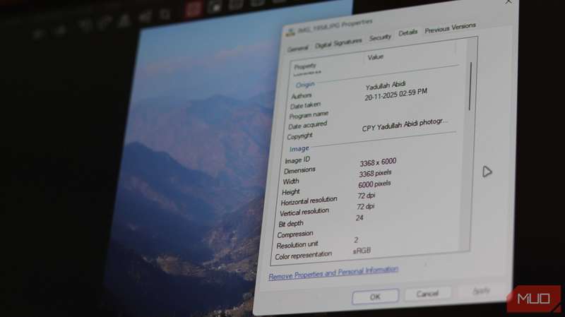 گزینه‌های متادیتای تصویر در ویندوز ۱۱.