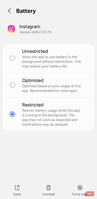 تنظیمات باتری اینستاگرام در اندروید