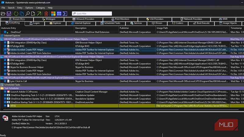 موارد گروه‌های مختلف در Microsoft Autoruns