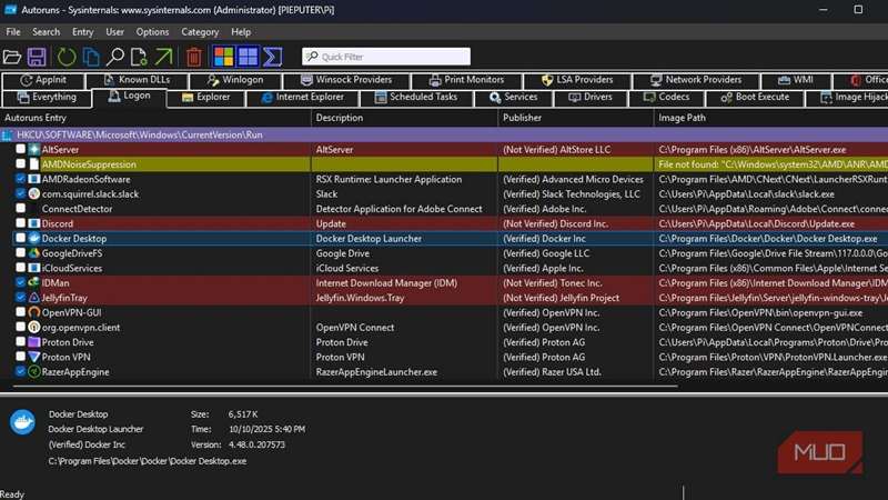 تب ورود در Microsoft Autoruns