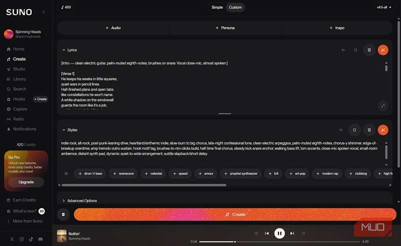 ساختن یک آهنگ ایندی راک با Suno