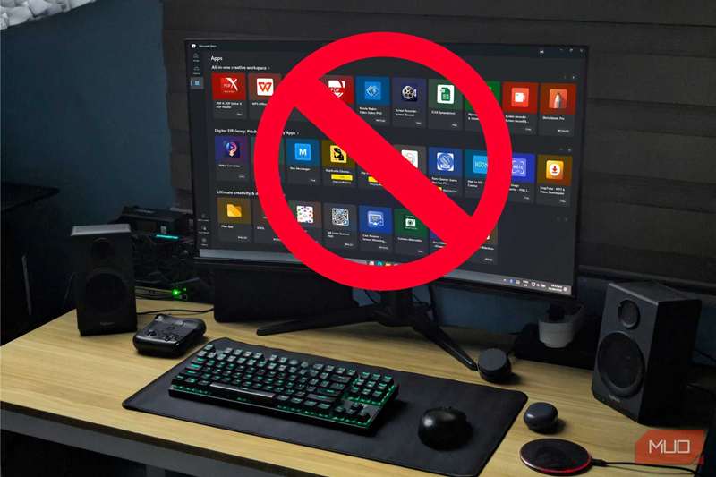 مانیتوری که فروشگاه مایکروسافت را با علامت لغو شده در بالای صفحه نشان می‌دهد