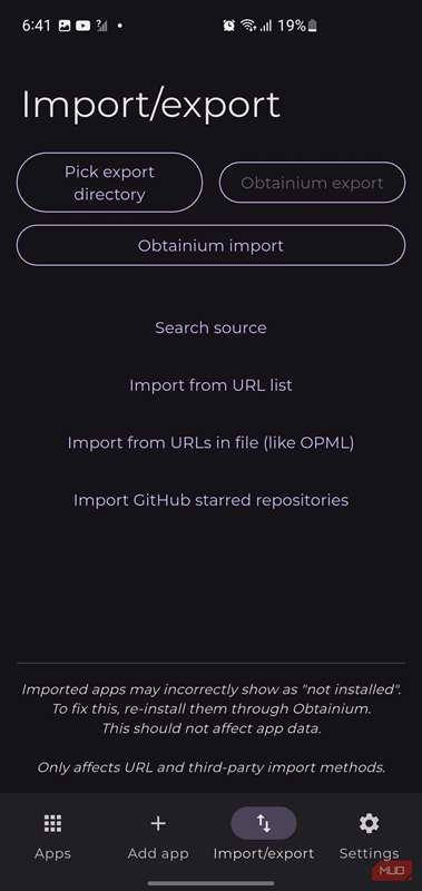 منوی واردات/صادرات Obtainium که گزینه‌های انتقال داده از طریق فایل‌ها، فهرست‌های URL یا مخازن GitHub را ارائه می‌دهد