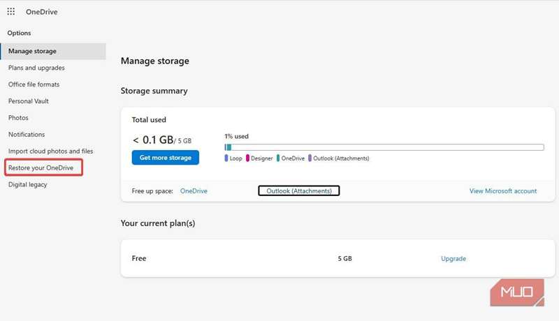 گزینه بازگردانی OneDrive شما