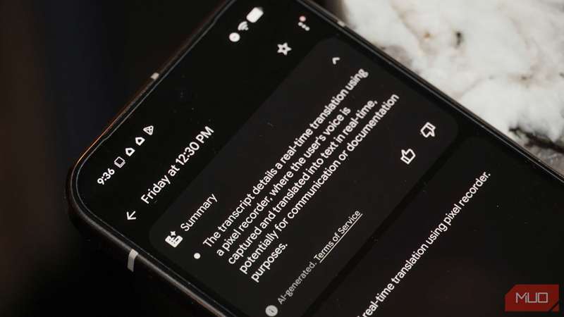 خلاصه‌ای تولیدشده توسط هوش مصنوعی در برنامه Pixel Recorder.