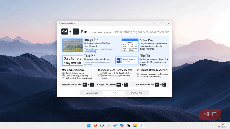 راهنمای صفحه خوشآمد گویی PixPin برای پینگذاری اسکرینشات.
