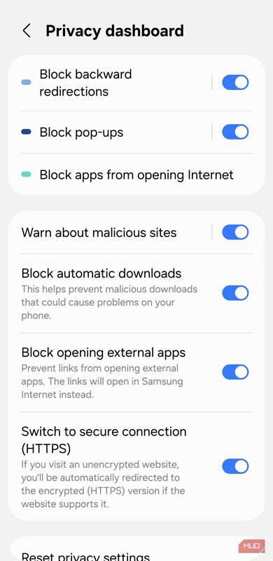 تنظیمات پیشنمایش حریم خصوصی در Samsung Internet