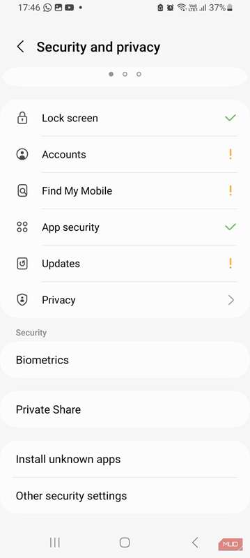 حریم خصوصی در برنامه تنظیمات