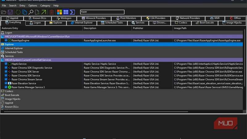 ورودی‌های رِزر در Autoruns