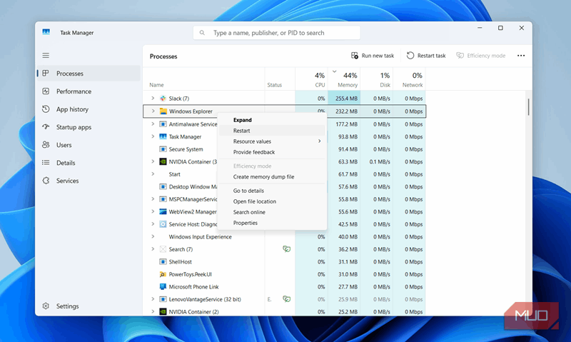 گزینه راه‌اندازی مجدد Windows Explorer