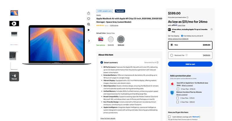 صفحه فروشگاه وال‌مارت مک‌بوک ایر M1