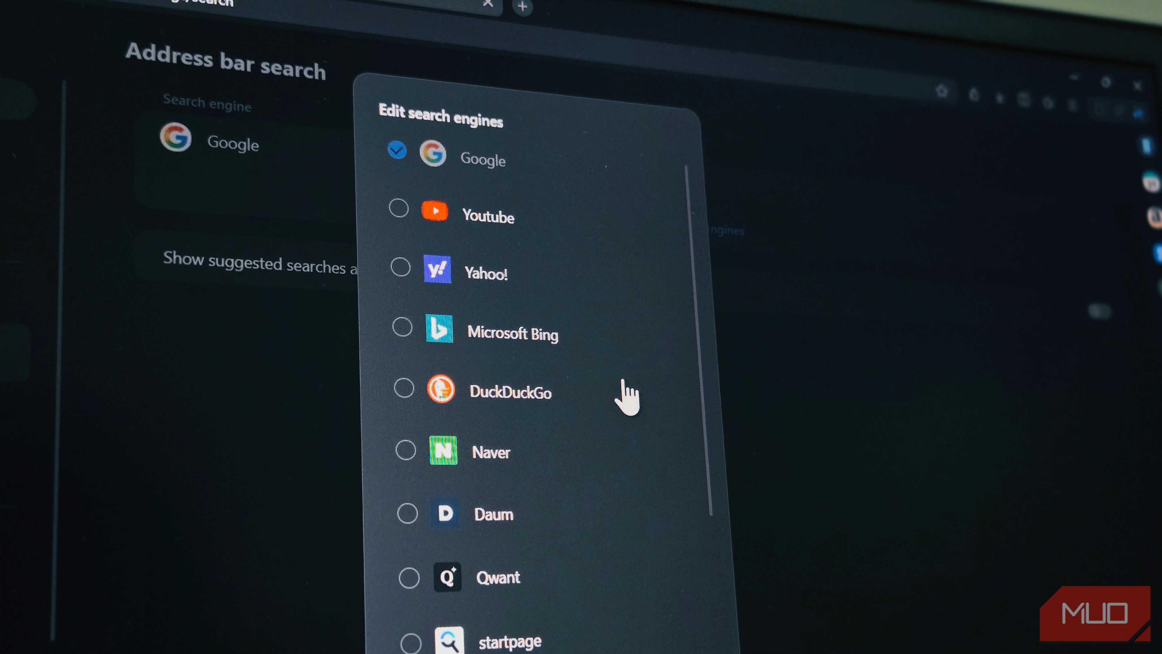 گزینههای موتور جستجو در مرورگر Samsung Galaxy Internet