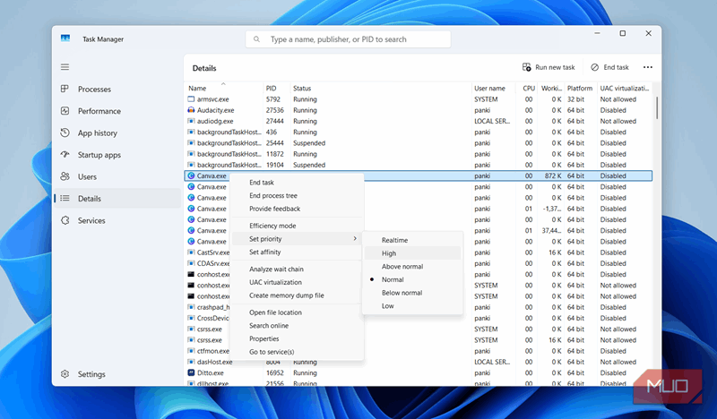 گزینه تنظیم اولویت در Task Manager