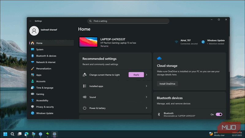 برنامه Settings باز بر روی ویندوز ۱۱