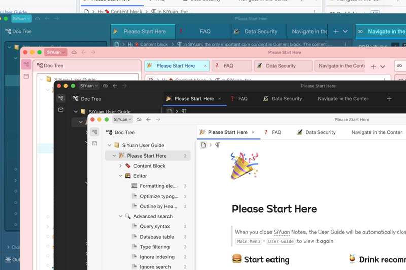 صفحه شروع SiYuan Note، نمایش چندین بخش از یک دفترچه خاص