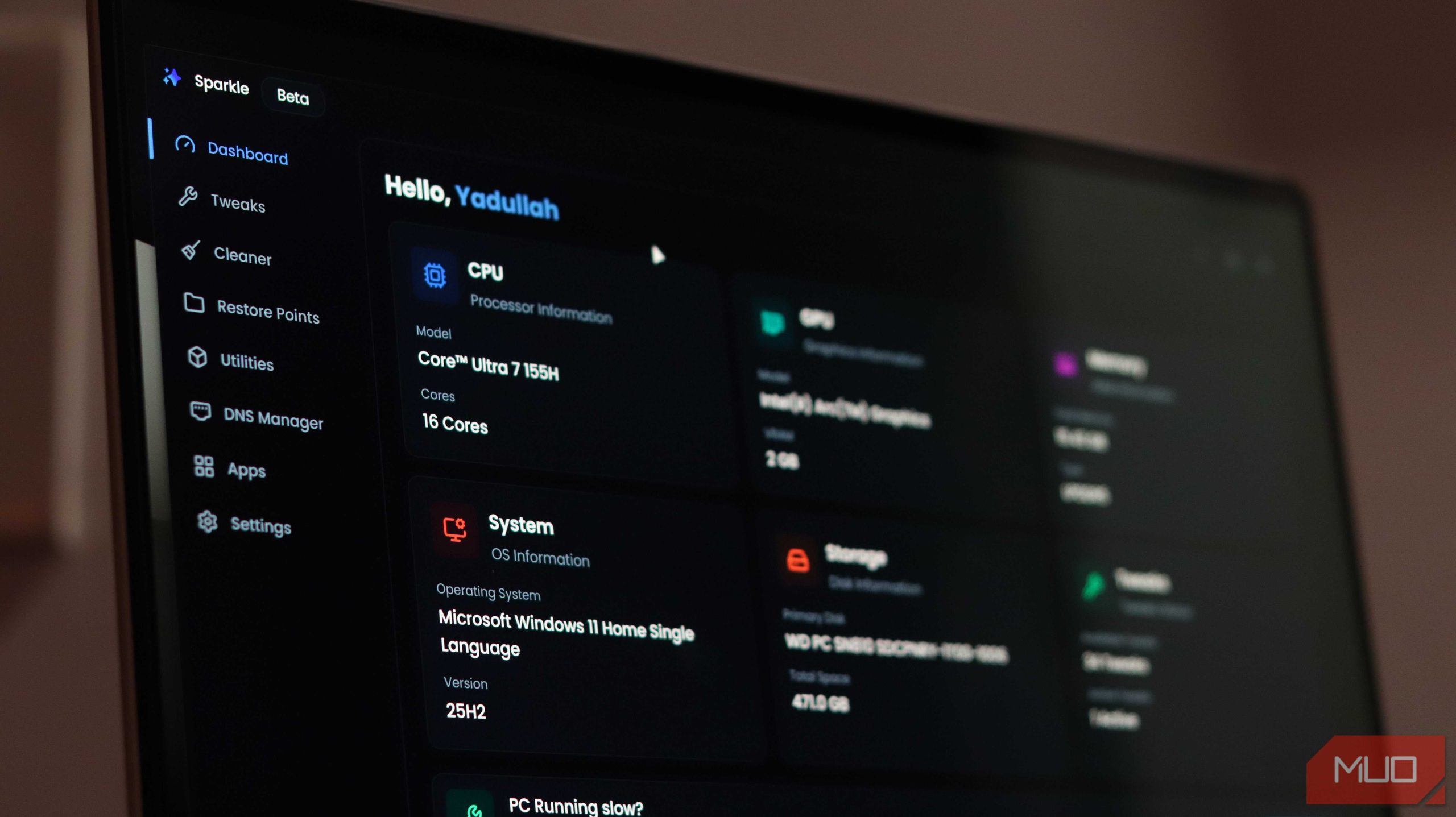 داشبورد اصلی Sparkle که بر روی ویندوز ۱۱ اجرا میشود