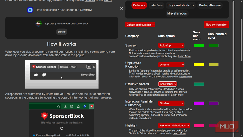 رابط کاربری تنظیمات SponsorBlock نشان‌دهنده گزینه‌های پیکربندی برای یوتیوب.