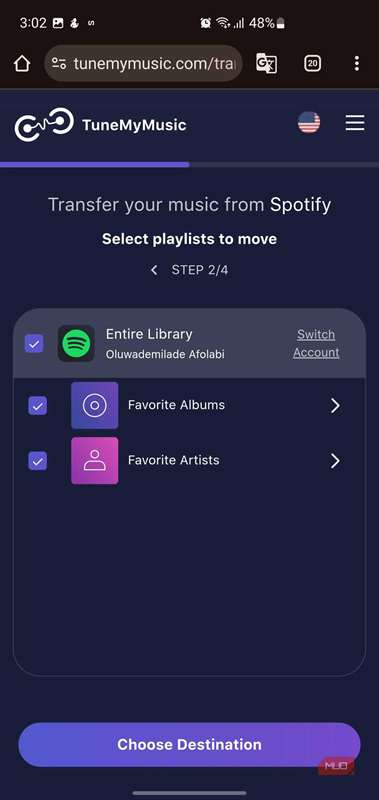 صفحه انتخاب محتوا در TuneMyMusic.