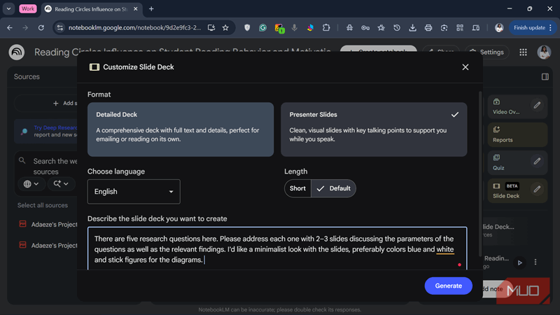 سفارشی‌سازی مجموعه اسلاید در NotebookLM در Chrome