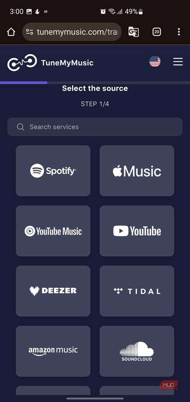 صفحه انتخاب منبع در TuneMyMusic که یک شبکه از سرویسهای پخش پشتیبانیشده را نمایش میدهد.