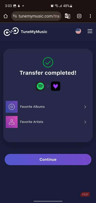 صفحه انتقال تکمیلشده در TuneMyMusic.