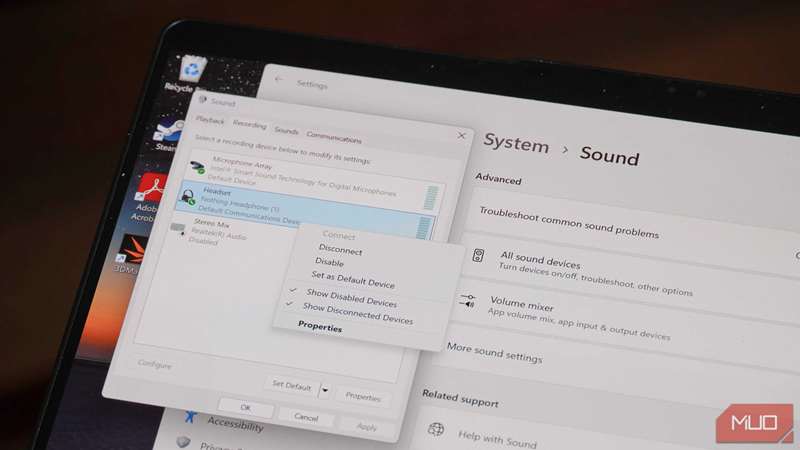 گزینهٔ غیرفعال‌سازی دستگاه ضبط در ویندوز ۱۱