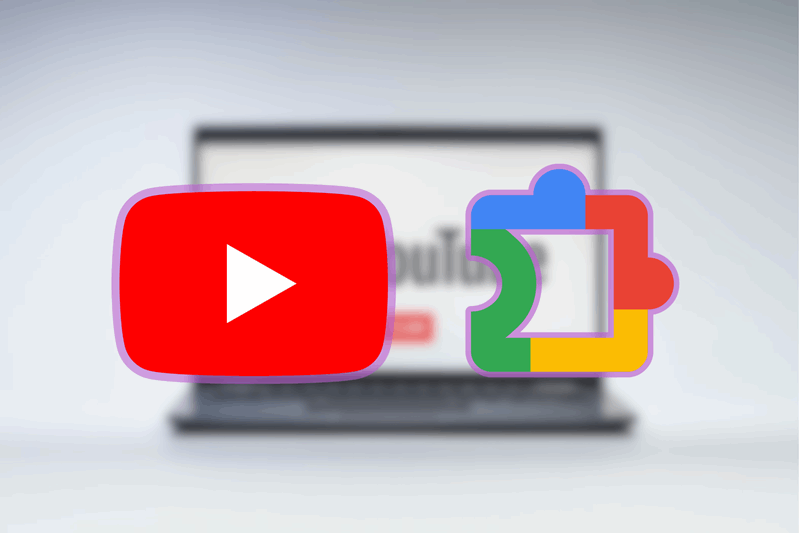 لوگوهای YouTube و افزونه‌های Chrome کنار هم روی پس‌زمینه با یک لپ‌تاپ