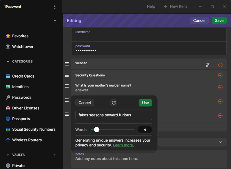 مولد سؤال امنیتی 1Password