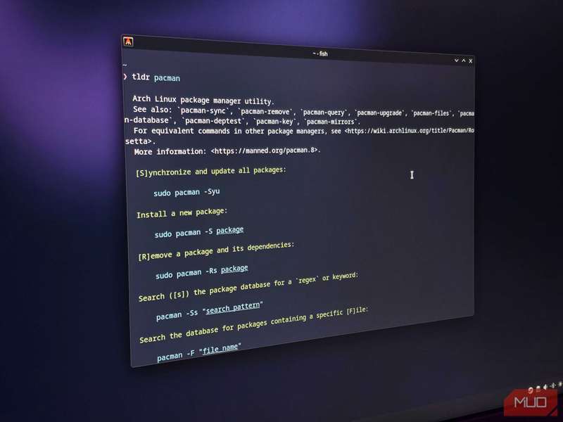 tldr توضیح دستورات pacman در یک پنجرهٔ ترمینال