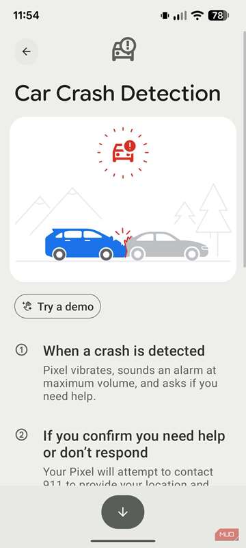 یک اسکرین‌شات از تنظیمات تشخیص تصادف خودرو در برنامهٔ امنیت شخصی گوگل