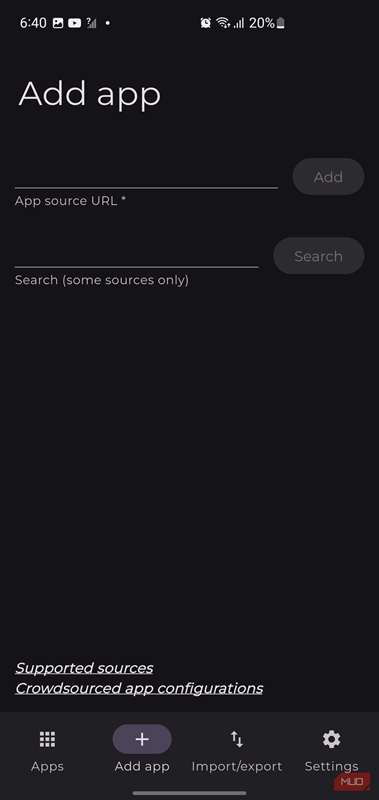 صفحه افزودن برنامه در Obtainium با فیلدهای ورودی برای وارد کردن URLهای منبع برنامه یا جستجو برای منابع
