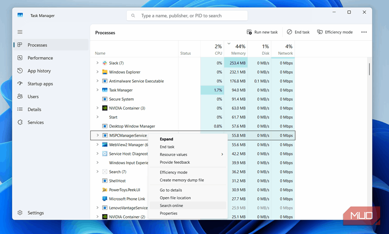 گزینه جستجوی آنلاین در Task Manager