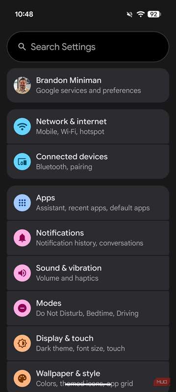 حالت تاریک تنظیمات