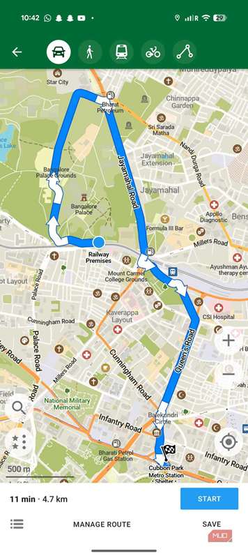 مسیر بین دو مکان در Organic Maps.