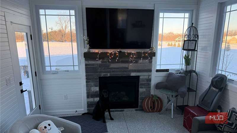 تلویزیون Roku TCL 65 اینچی نصب‌شده بالای شومینه با سگ سیاه