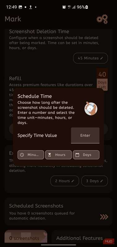 دیالوگ ورود زمان سفارشی در برنامه مارک.