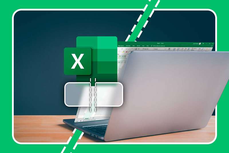 یک لپ‌تاپ از پشت دیده می‌شود که اکسل روی صفحه نمایش دارد، لوگوی اکسل در مرکز و یک سلول تقسیم‌شده در زیر آن