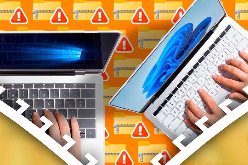 یک لپتاپ با ویندوز ۱۰ و دیگری با ویندوز ۱۱، و چندین آیکون فایل zip با هشدارها در پس‌زمینه.