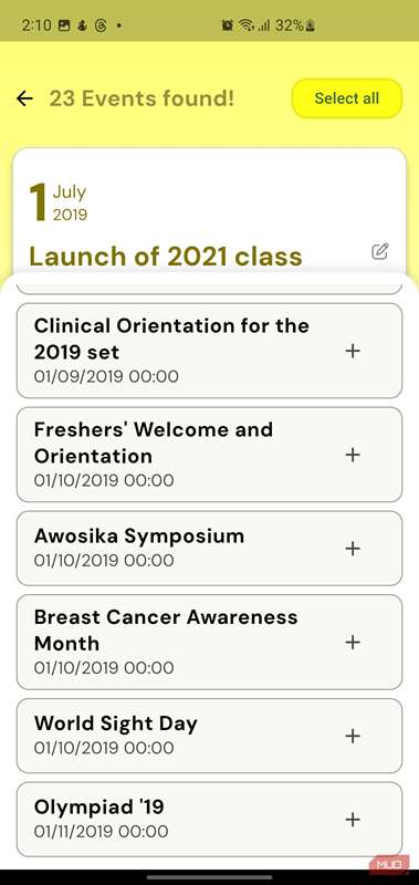 فهرست رویدادهای شناسایی‌شده توسط Photo2Calendar با آیکون‌های اضافه در کنار هر کدام