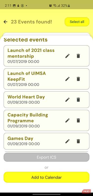 فهرست رویدادهای انتخاب‌شده در Photo2Calendar آماده برای صادرات