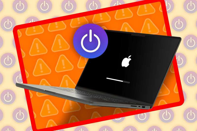 یک مک‌بوک روی صفحه بارگذاری با لوگوی اپل و برخی آیکون‌های هشدار و راه‌اندازی مجدد