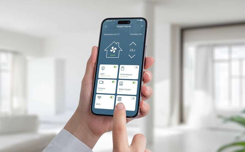 مردی با آیفون برای کنترل دستگاه‌های خانه هوشمند