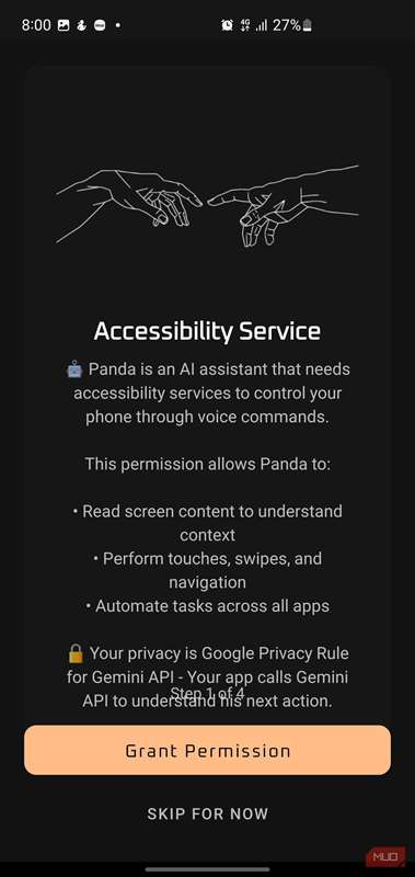 صفحهٔ مجوزها در برنامه پاندا که درخواست دسترسی به سرویس دسترس‌پذیری را دارد.