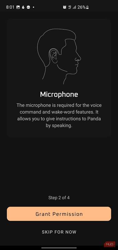 صفحهٔ مجوزها در برنامه پاندا که درخواست دسترسی به میکروفن را دارد.