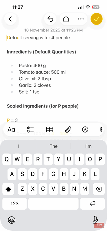 یک دستور پخت در Apple Notes بر روی آیفون
