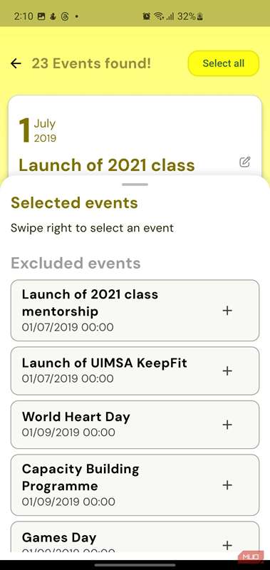 صفحه انتخاب در Photo2Calendar که فهرستی از رویدادهای مستثنی را نشان می‌دهد